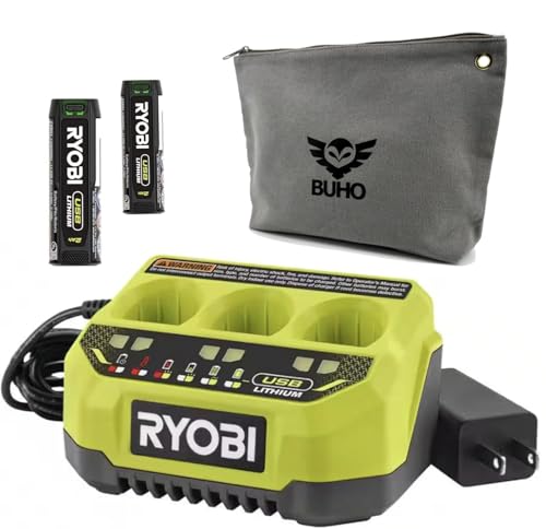 3 Port Battery Charger Bundle with Ryobi Charger and Buho Zipper Pouch, Including 2 Each Ryobi USB Lithium 4-Volt Batteries - Consecutively Charge and Maintain 3 Batteries