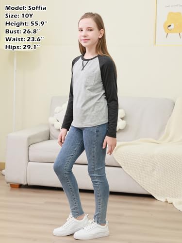 GORLYA 2 Pack Girls Contrast Raglan Sleeve T-Shirt Casual Simple Basic Tee Tops with Pocket for 8-16Y4