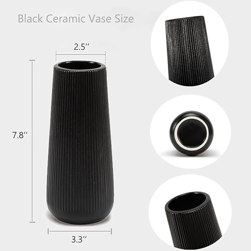 Image of 7.8''H Ceramic Vase, Pampas Grass Vase, Ribbed Modern Decor, Matte Black