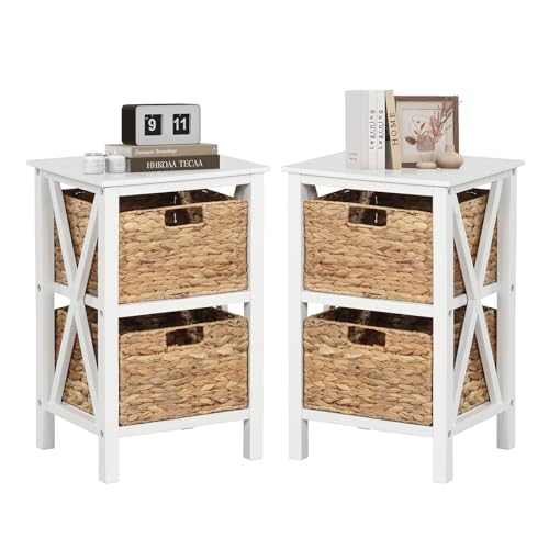 KOMFOTTEU Juego de 1/2 Mesitas de Noche con Cestas Mesa Auxiliar de Madera con Marco Reforzado en X
