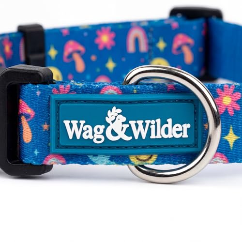 Image of Wag and Wilder Heavy Duty Adjustable Dog Collar for Medium Dogs - Quick Release Buckle & Metal D-Ring (Groovy Trails Blue)