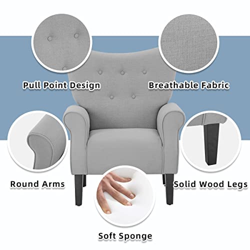 Mellcom Mid Century Wingback Arm Chair,Modern Upholstered Fabric High Back Accent Chair With Wood Legs,Upholstered Single Sofa Club Chair For Living Room, Bedroom, Home Office, Gray #TOP2