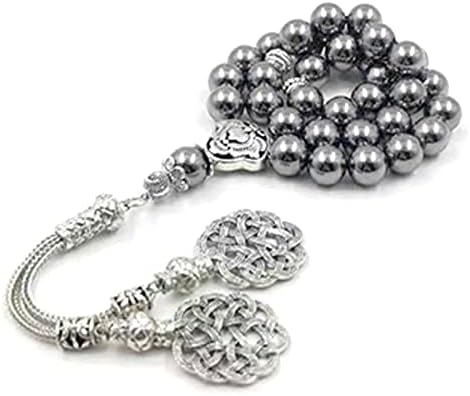 Natural Terahertz Stone tasbih Energy Stone with Metal KAZAZ Turkish Tassel 33Paryer Beads Muslim misbaha Bracelet (8mm x 66 Beads)