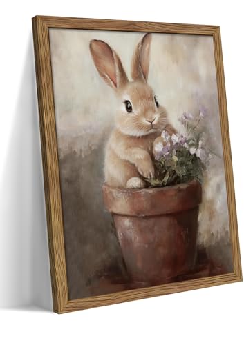 Image of Framed Vintage Easter Wall Art, Cute Rabbit in Flower Pot Picture Prints, Cottage Farmhouse Bunny Canvas Artwork, Holiday Wall Decor for Kids Room Girls Bedroom Living Room 12x16 inch