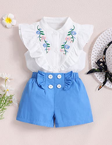 oklady Toddler Girl Clothes Ruffle Floral Embroidery Shirt and Shorts Set 3-4T