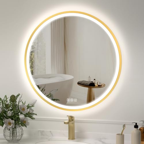 furduzz 600mm Round Bathroom Mirror with LED Lights, Vanity Mirror with Lights, Illuminated Bathroom Mirror with Golden Frame, Anti-fog, Memory Function, 3 Colors, Dimmable, HD Tempered Mirror
