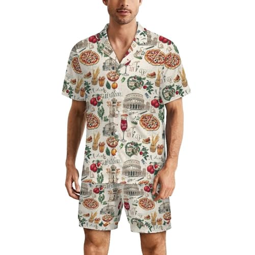 Italy Pizza European Italian Food Mens Pajamas Set Short Sleeve Shirt And Shorts Sleepwear PJ Sets Loungewear