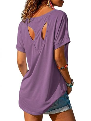 Fisoew T-Shirt de Sport à Manches Courtes pour Femme, Dos Ouvert, pour Fitness, Yoga, entraînement, Gym, athlète, Coupe Ample, Violet, XXL