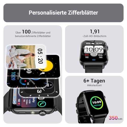 Smartwatch Damen und Herren mit Anruf, 1,91-Zoll-Display mit Taschenlampe, Herzfrequenz, Schrittzähler, SpO2, Schlafüberwachung… – Ansicht 3