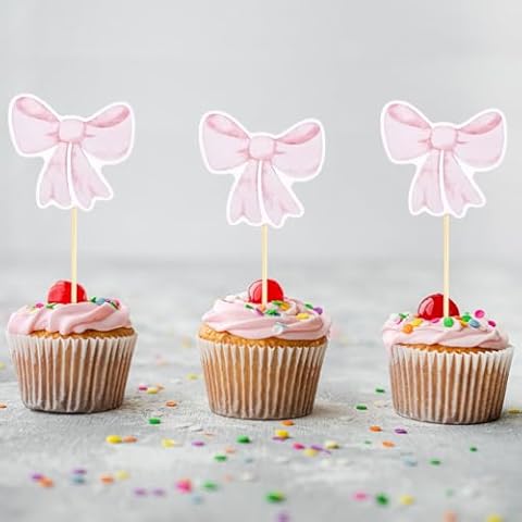 PEUTIER 24pcs Pink Bow Cupcake Toppers Cover