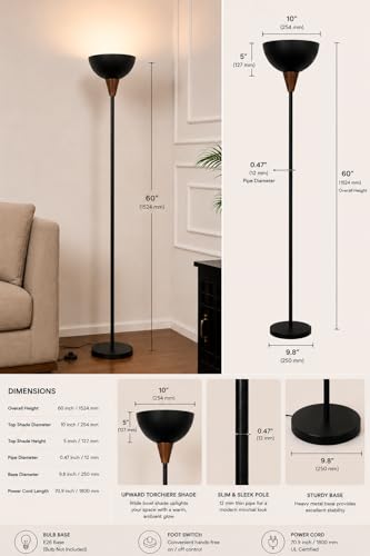 Image of Modern Uplighter Floor Lamp for Living Room, Matte Black Metal Floor Standing Lamp with Foot Switch, Minimalist Torchiere Lamp for Bedroom, Office & Corner Lighting
