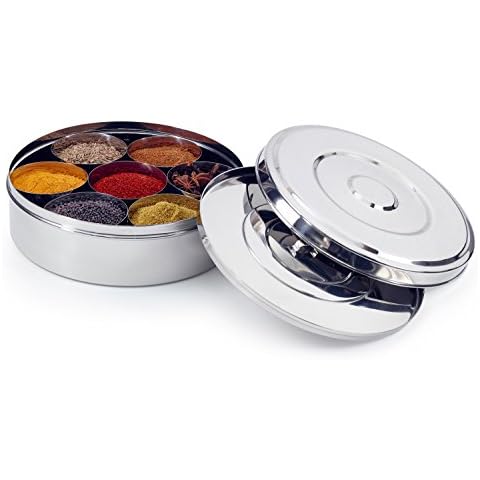 Zinel 7117 Spice Box/Masala Dabba with 7 Comparments and 2 Stainless Steel Lids, Silver, 24 cm Cover