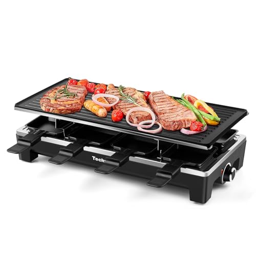 Raclette Grill, Techwood Electric Table Indoor Grill Korean BBQ Grill, Removable 2-in-1 Non-Stick Grill Plate, 1500W Fast Heating with 8 Cheese Melt Pans, Ideal for Parties and Family Fun