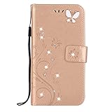 iPhone XR 対応ケース 6.1 インチ専用 iPhone Xr ケース 手帳型 カバー おしゃれ 純色 バタフライの印 PUレザー 上絵 手帳型 カード入れ アイフォン XR 財布カバー スタンド機能 耐衝撃 防塵 耐久性 装着やすい 吸着の機能 キラキラ 胡蝶 ラインストーン デコ メチャ可愛い iPhone XR ケース docomo アップル スマホカバー (ゴールド)