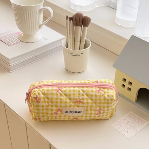 Image of Carry bloom Pencil Pouch Cute Pencil Case for Girls Aesthetic Pencil Bag with Zipper Pen Cases School Supplies Makeup Bag (Checkered bow yellow)