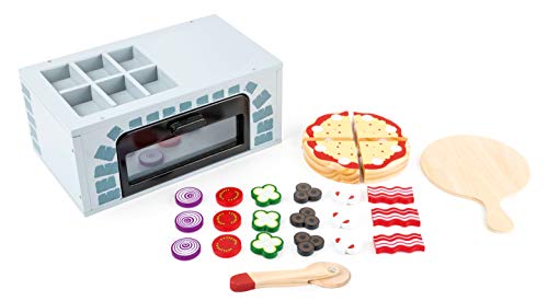 Image of Small foot wooden toys - Pizza Oven Playset 25 Pieces - Includes Pizza Slices, Pan, Cutter, Play Food: Tomatoes, Onions, Mushrooms, Bacon, Olives - Encourages Imaginative Play in Boys & Girls Ages 3+