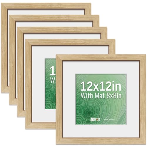Image of VCK 12x12 Frame 5 Pack, Oak Wood, 8x8 Mat, Glass, for Picture Prints