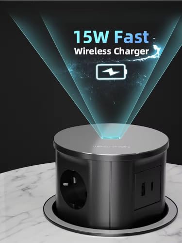 Image of Audiovan Vertical Pop Up socket Pneumatic Countertop 3 Power+ 1HDMI 1LAN RJ45 1USB A+C charge 18 watt 15 Wt Fast Wireless charge Kitchen Counter Conference Box VMP-28