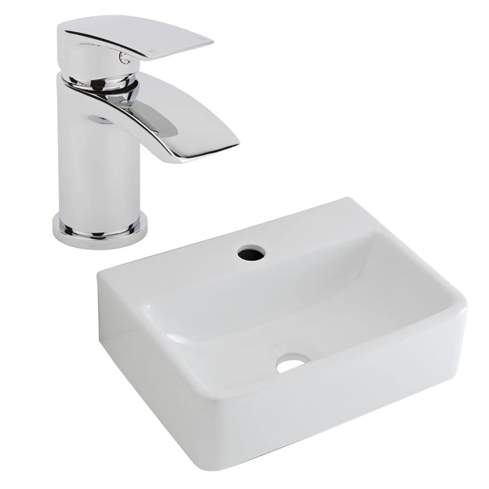 Milano White Farington Rectangular Countertop Bathroom Basin Sink Mono Mixer Tap - 400Mm X 295Mm