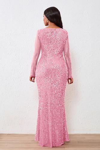 Image of VERWIN Women's Sequins Bodycon Round Neck Long Sleeve Sparkly Mermaid Maxi Dress for Casual Party Cocktail