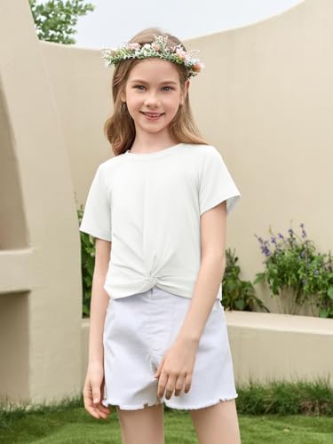 Image of Haloumoning Girls Short Sleeve T Shirts Kids Summer Twist Front Crop Tops Fashion Tees 5-14 Years