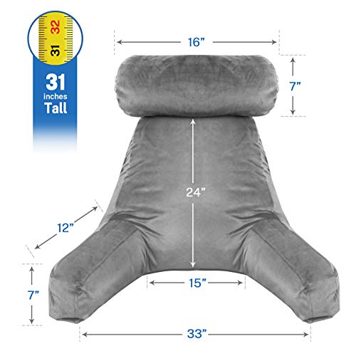 Britimes Reading Pillow with Arms, Pockets, Neck Roll and Memory Foam, Perfect for Back Support, Backrest Pillows for Sitting in Bed, Floor or Sofa, Gray - Thumbnail 2