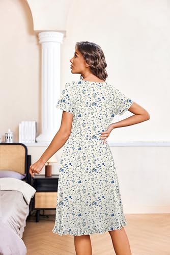 Image of Ekouaer Nightgowns for Women with Pockets Button Front Short Sleeve House Dresses Floral Print Mumu Dress