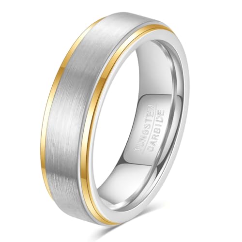 IMINI Alianza de boda minimalista de carburo de tungsteno de 6 mm, color negro pulido y plateado con borde dorado, ajuste cómodo, unisex, para hombres y mujeres, regalo de aniversario y cumpleaños