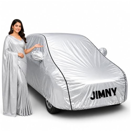Image of Waterproof Car Body Cover for Jimny All Weather Protection Comes with Inner Cotton Lining & Triple Stitched with Mirror & Antenna Pocket Belt & Elastic Fit Metallic Silver with Black Piping1