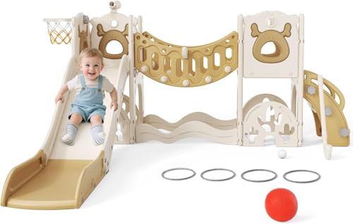 Tobogán infantil grande con canasta de baloncesto, estructura de escalada para jardín, telescópica, espacio de almacenamiento (modelo activo 7 en 1 Elk Slide (Khaki)))