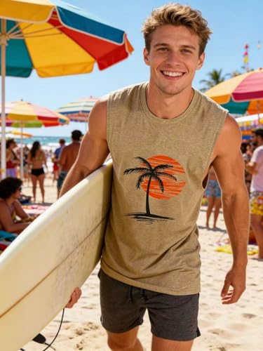 Image of Mens Tank Tops Summer Beach Vacation Sleeveless Shirts Hawaiian Palm Tree Print Soft Tops