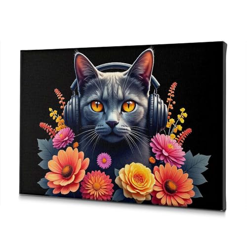 Toile chat avec écouteurs 40x60 cm pour salon moderne