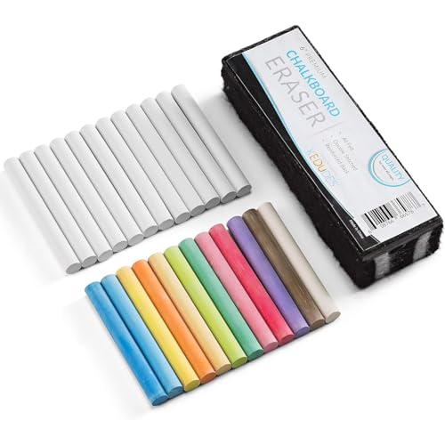 Kedudes Dustless Chalk with Eraser, 24pk - 12 Colored Chalkboard Chalk and 12 White Chalk for Chalkboard and Chalk Board Eraser, Outdoor Chalk, Chalk, Eraser Set - Blackboard Chalk with Chalk Eraser
