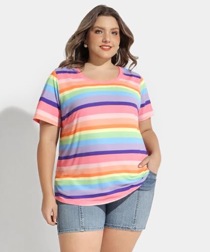 Image of CARCOS Plus Size Tops for Women Short Sleeve Shirt Summer Star /Leopard /Tie Dye /Flower Crewneck Pullover Tunic XL-5XL