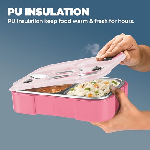 Image of MILTON Bravo 3 Inner Stainless Steel Tiffin Box for School, 3 Partition, Steam Release Plug| PU Insulated, Leak-Proof, Food Grade I Lunch Box for Kids Boys, Girls with Snap Lock Lid, 600 ml, Pink