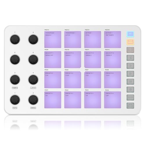 Image of Wireless MIDI Controller Pads, Bluetooth Portable USB MIDI Controller with 16 Drum Pads, 8 Assignable Knobs, Note Repeat, Full Level Buttons, Rechargeable battery (White Pad)