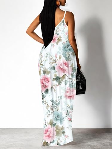 Image of Women Spaghetti Strap Maxi Dress with Pockets | Soft fabric relaxed fit sleeveless v neck with pockets for party and daily wear