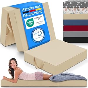 ELONEO Klappmatratze, Gästematratze, 3-teilige Faltmatratze, Schaumstoff extra dick (15cm), waschbar, Bandscheibenwürfel, klappbar, Faltbare Matratze, Erwachsene (Creme, 90 x 200 x 15 cm)