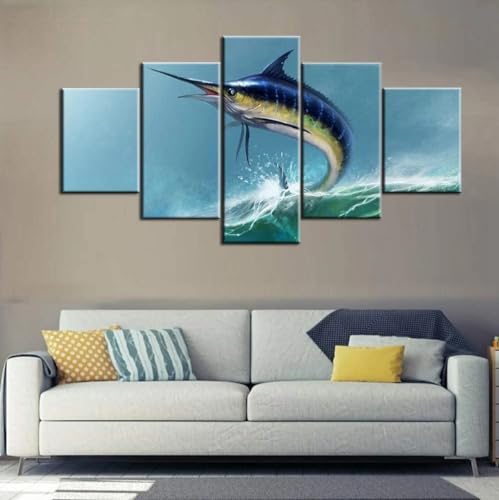Marlin bleu tableau 5 parties pour une décoration murale marine dans votre salon
