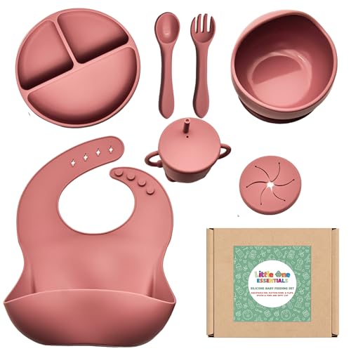 Little One Essentials Silicone Baby Feeding Essentials Set 7 Pack, Feeding Supplies for Toddlers with Suction Plate, Bowl, Bib, Spoon & Fork, Water & Snack Cup, BPA Free - Rose Pink
