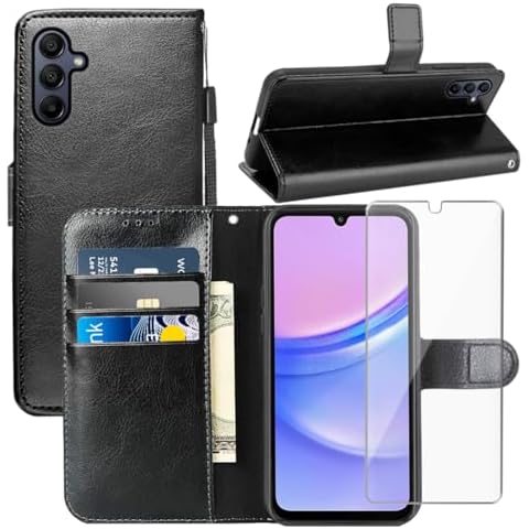 YJROP for Samsung Galaxy A15 Case, with Screen Protector,PU Leather Wrist Strap Card Slots Shockproof Protective Flip Cover Phone Wallet Case for Samsung Galaxy A15, Black Cover