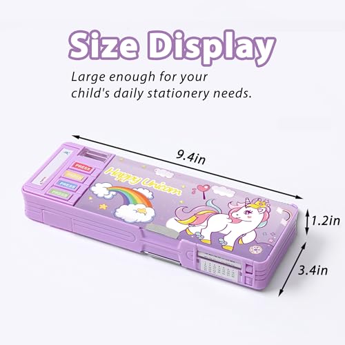 Image of Pop Up Multifunction Pencil Case with Pencil and Eraser, Cute Cartoon Pen Box Organizer Stationery, Sharpener, Schedule, Best Birthday Gifts for Kids Teens(Purple unicorn)