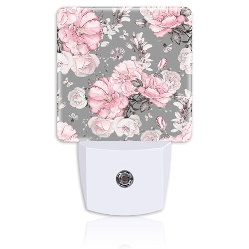 Image of Night Light Plug Wall,Pink Flowers and Grey Leaves LED Night Lights with Dusk to Dawn Light Sensor for Women Girls Boys Room Decor,Hallway,Kitchen,Bathroom,Nursery,Stairs