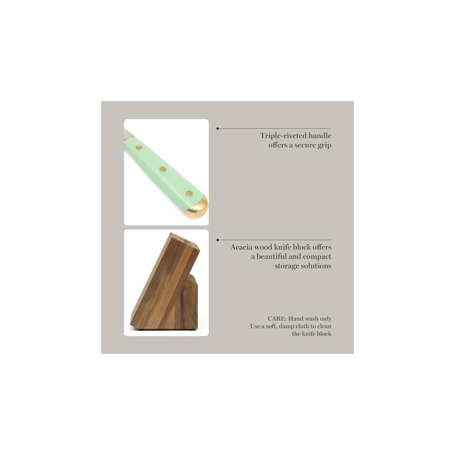 Martha-Stewart-16-Piece-Lockton-High-Carbon-Stainless-Steel-Cutlery-Kitchen-Knife-Block-Set-WABS-Tripe-Riveted-Forged-Handle-Acacia-Wood-Block-Sage-Green-WGold Martha Stewart 16 Piece Lockton High Carbon Stainless Steel Cutlery Kitchen Knife Block Set W/ABS Tripe Riveted Forged Handle Acacia Wood Block - Sage Green W/Gold