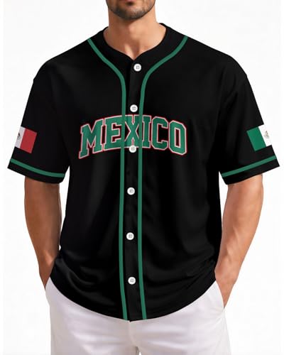 Men's Classic Baseball Jersey - Short Sleeve Button Down Hip-Hop Streetwear Shirt - Lightweight Breathable Mesh Fabric, Mexico