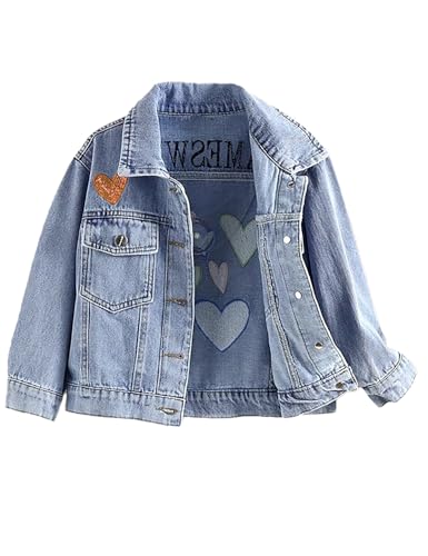 4-14Years Girls Denim Outerwear Jacket Heart Embroidered Sequin Jeans Jacket Long Sleeve Loose Collared Jacket Casual3