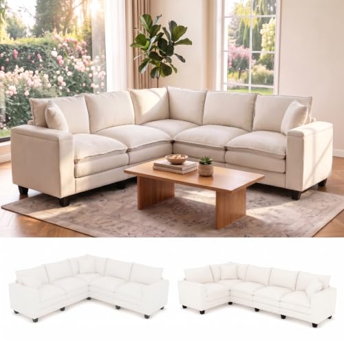 Image of 97 inch V Shaped 5 Seat Sectional Couch, Comfy Chenille Upholstered Modular Cloud Sofa, Convertible L Shaped Corner Couch with Storage Armrests & 2 Pillows, Sectional Couches for Living Room, Beige