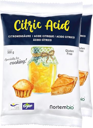 Nortembio Ácido Cítrico Alimentario 2 x 500 g – 100% Puro, Grado Alimentario | Origen Natural, Sin OGM, Conservante y Acidulante para Cocina, Repostería, Mermeladas y Queso Casero + Recetario Gratis