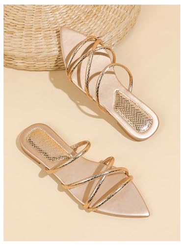 GORGLITTER Women's Metallic Sandals Open Toe Flat Strappy Dressy Fancy Slide Sandals2