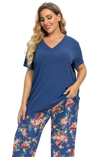 Image of Vozanet Women's V Neck Sexy Pajamas Capri Sets Mexican Style Floral Sleepwear 2PCS Totem Casual Nighty Plus Size M to 5XL